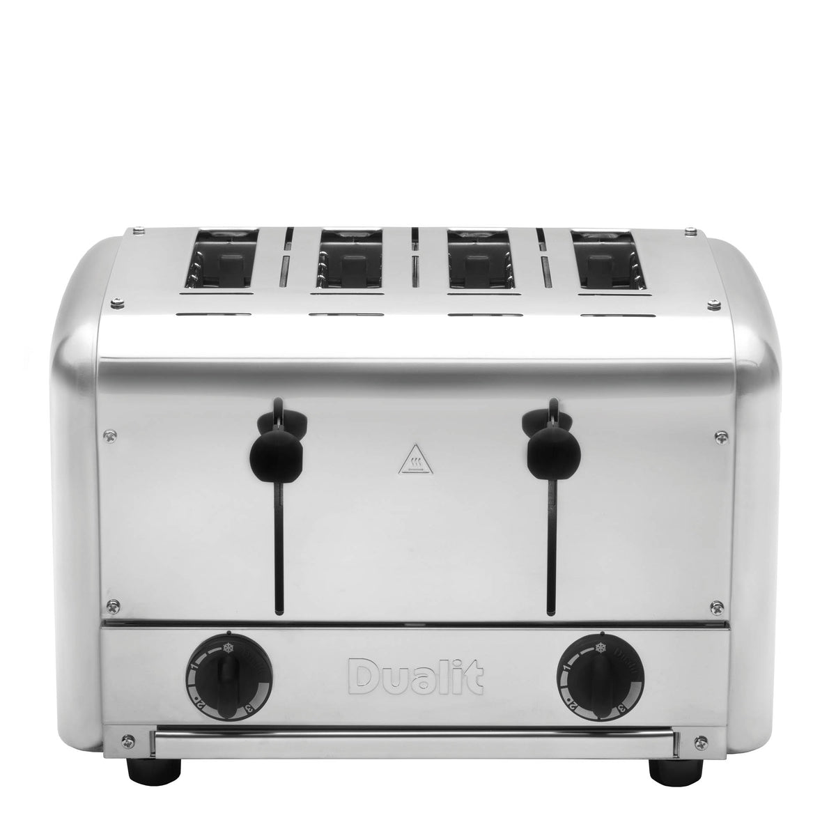 Dualit Gastro black pop-up toaster with two slots, stainless steel finish, and control knobs for browning adjustment.