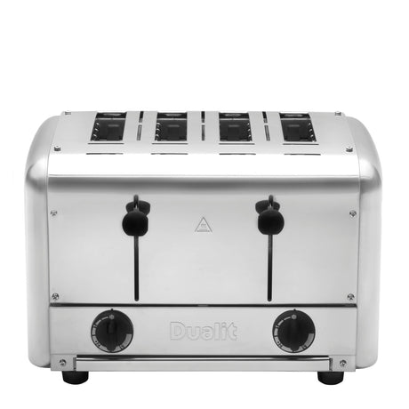 Dualit Gastro black pop-up toaster with two slots, stainless steel finish, and control knobs for browning adjustment.