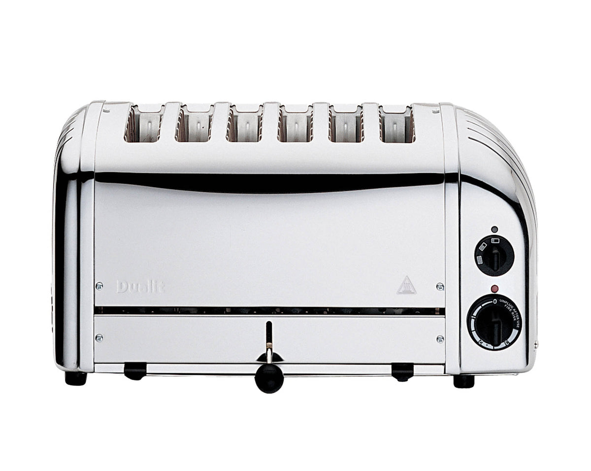 Polished DUALIT Newgen 6-slice toaster with modern design, featuring multiple slots for toasting bread and bagels.
