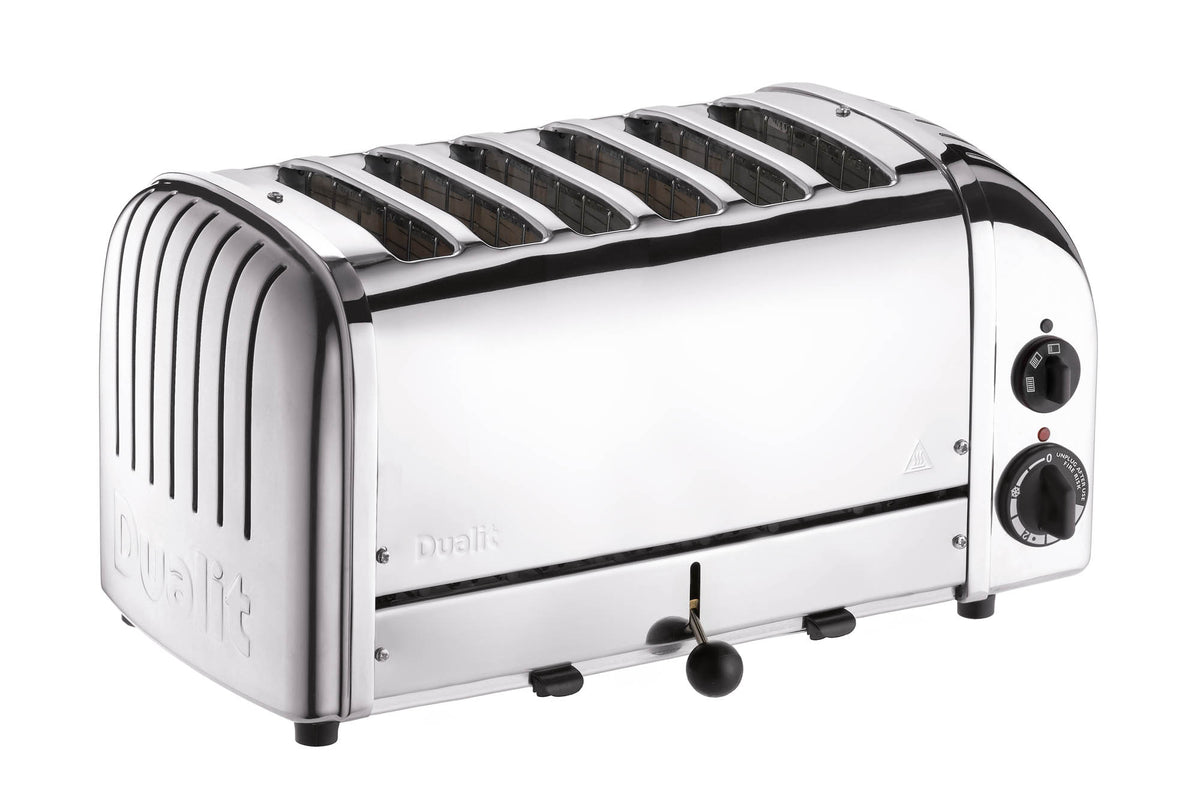 Dualit Newgen polished 6-slice toaster with sleek design and control knobs, ideal for toasting bread and bagels.
