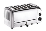 Dualit Newgen polished 6-slice toaster with sleek design and control knobs, ideal for toasting bread and bagels.