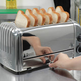 Dualit Newgen polished 6-slice toaster with modern design and controls, showcasing its sleek appearance and bread slots.