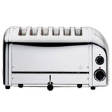 Dualit Classic stainless steel toaster with six slots, featuring a modern design and adjustable browning control.