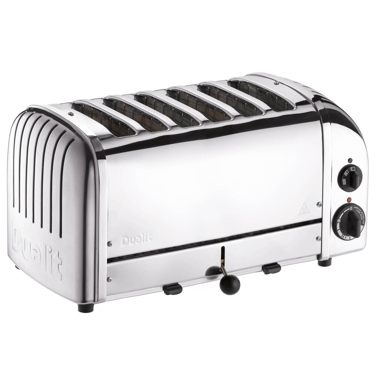 Dualit Classic stainless steel toaster with six slots for toasting bread and bagels, featuring a sleek modern design.