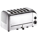 Dualit Classic stainless steel toaster with six slots for toasting bread and bagels, featuring a sleek modern design.