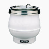 Dualit white 11L soup kettle, professional stainless steel soup pot with handles, suitable for commercial kitchen use.
