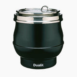 Dualit black 11L soup kettle, durable stainless steel soup pot with lid, ideal for commercial kitchens and large servings.