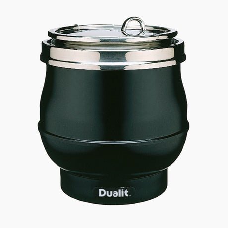 Dualit black 11L soup kettle, durable stainless steel soup pot with lid, ideal for commercial kitchens and large servings.