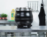 Black DUALIT soup kettle, 11-liter capacity, stainless steel soup pot for cooking and serving hot soups.