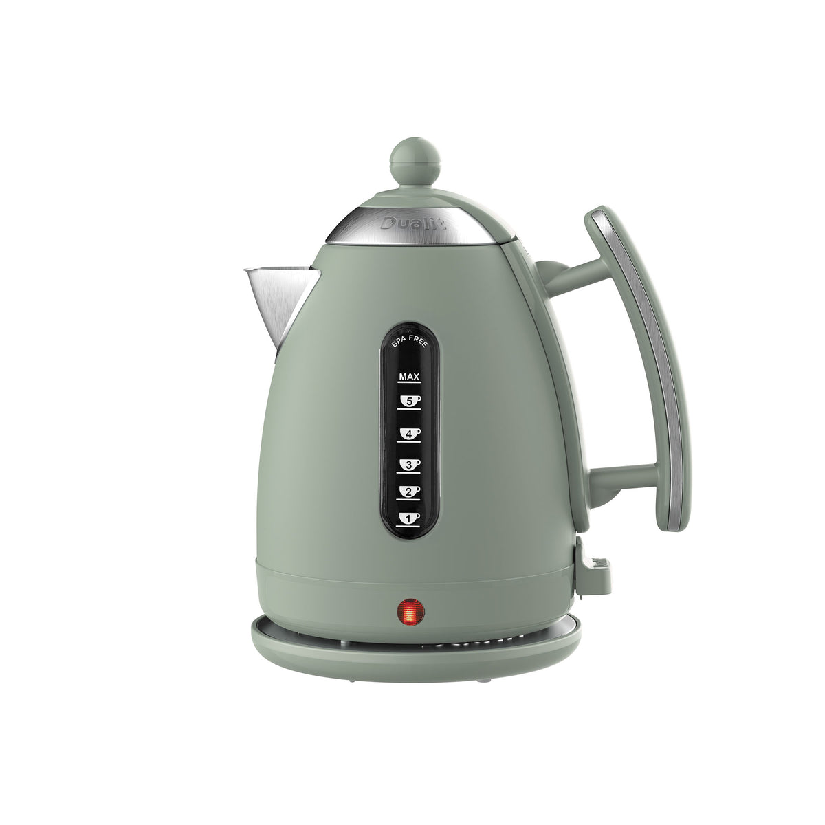 Dualit LITE water boiler in sage green with 1.5L capacity, modern electric kettle for boiling water efficiently.