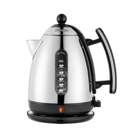 Black DUALIT Lite water kettle with 1.5-liter capacity, featuring a sleek design and ergonomic handle for easy pouring