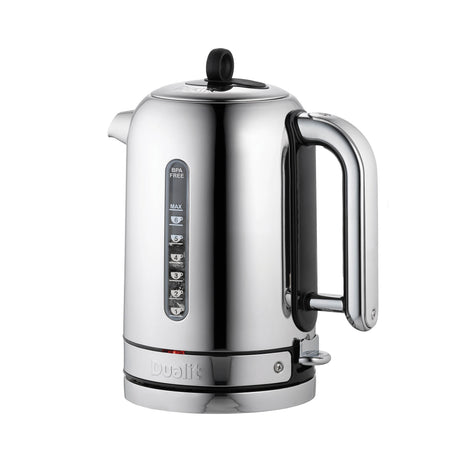 Polished DUALIT Classic 1.7L electric kettle with a sleek design and stainless steel finish, ready for boiling water.