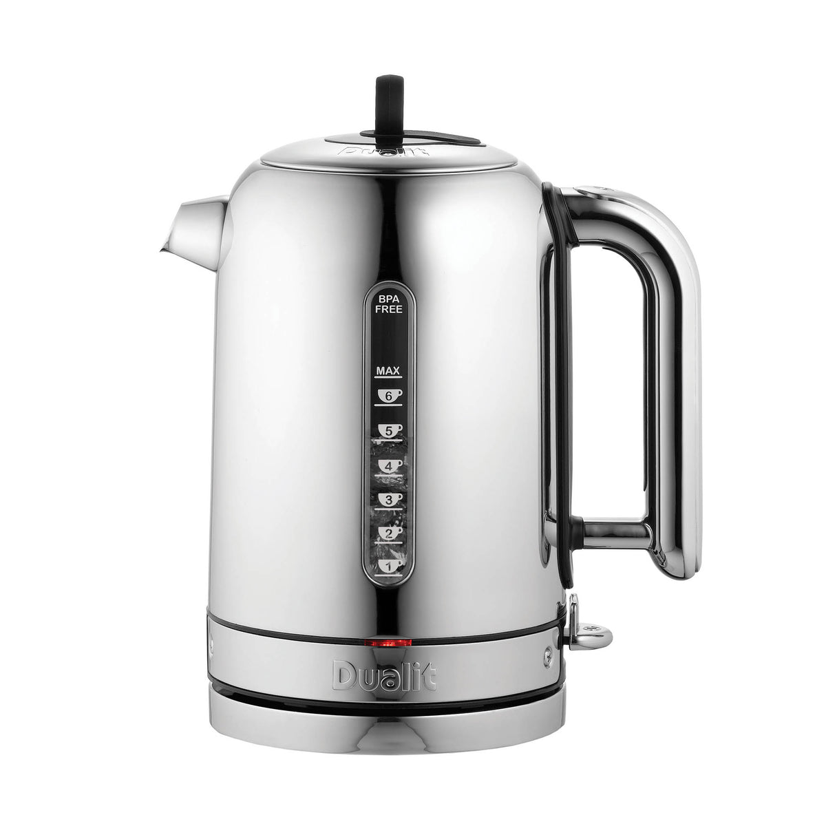 Polished DUALIT Classic electric kettle with 1.7L capacity, metal exterior, and ergonomic handle for boiling water efficiently.