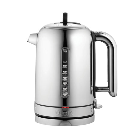 Polished DUALIT Classic electric kettle with 1.7L capacity, metal exterior, and ergonomic handle for boiling water efficiently.