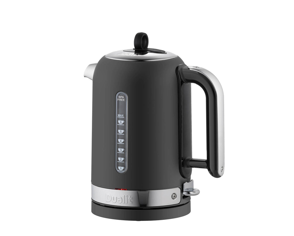 Dualit Classic black 1.7L water kettle with a sleek design, stainless steel accents, and a comfortable handle for boiling water.