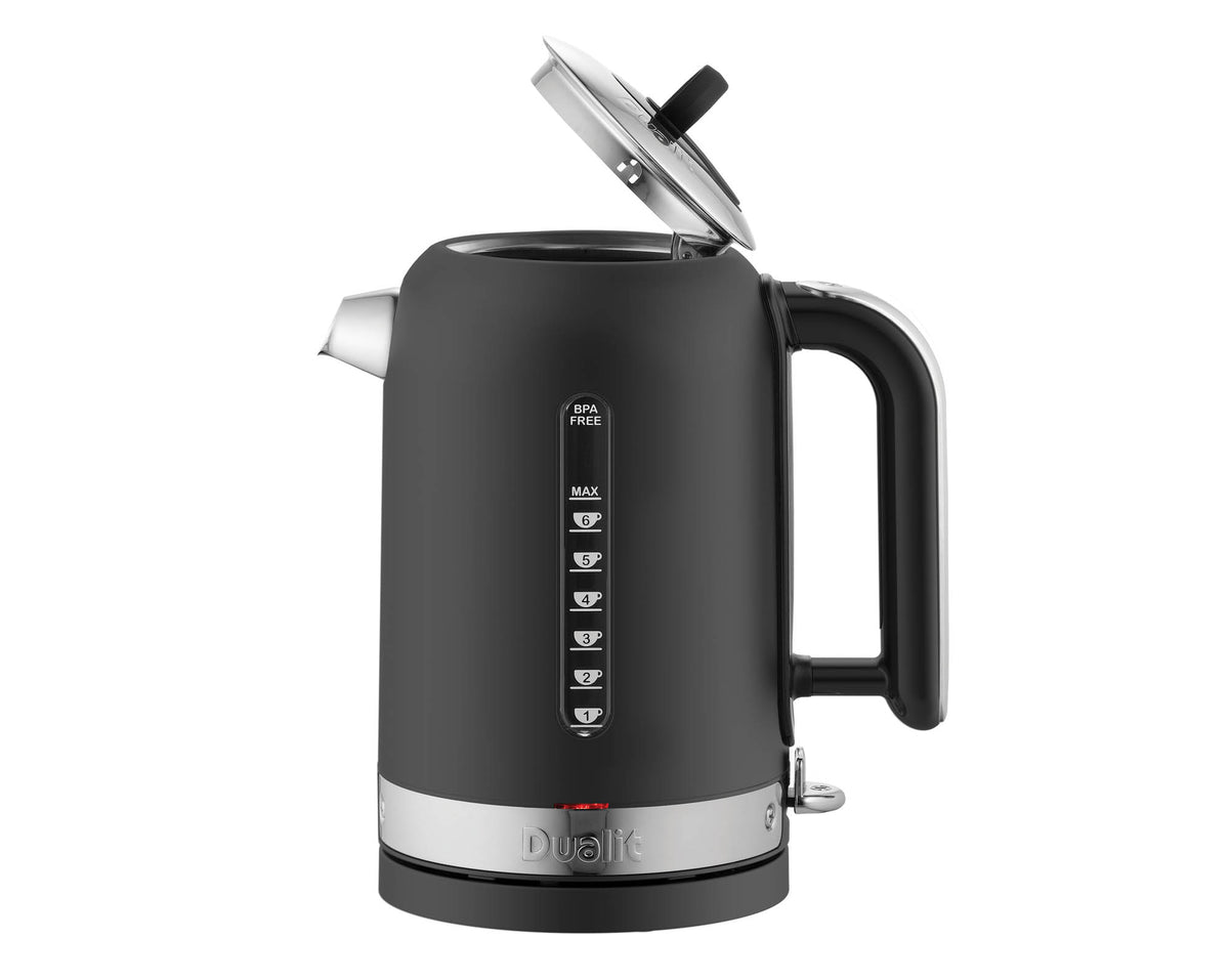 Black DUALIT Classic kettle with 1.7L capacity, stainless steel body and ergonomic handle for boiling water.
