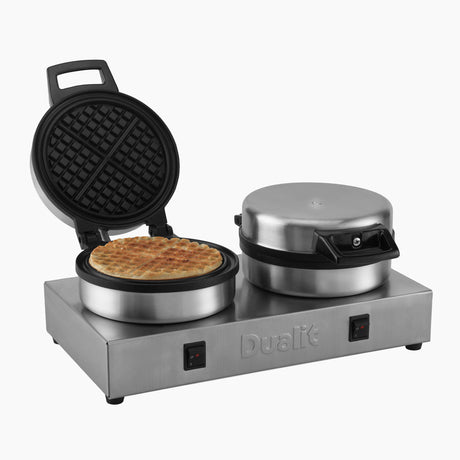 Polished DUALIT contact waffle iron for catering, showing the appliance with its stainless steel surface and waffle plates.