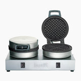 Polished DUALIT contact waffle iron for catering, showing the shiny, professional waffle maker with dual cooking plates.