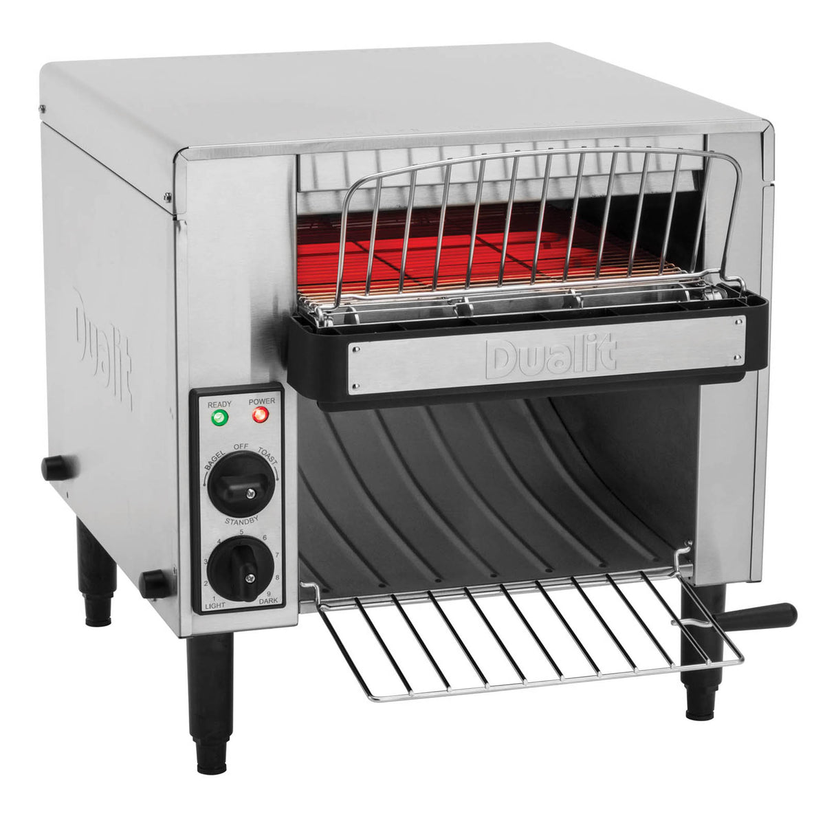 Dualit Gastro black toaster with sleek design, featuring a horizontal pass-through slot for bread toasting.