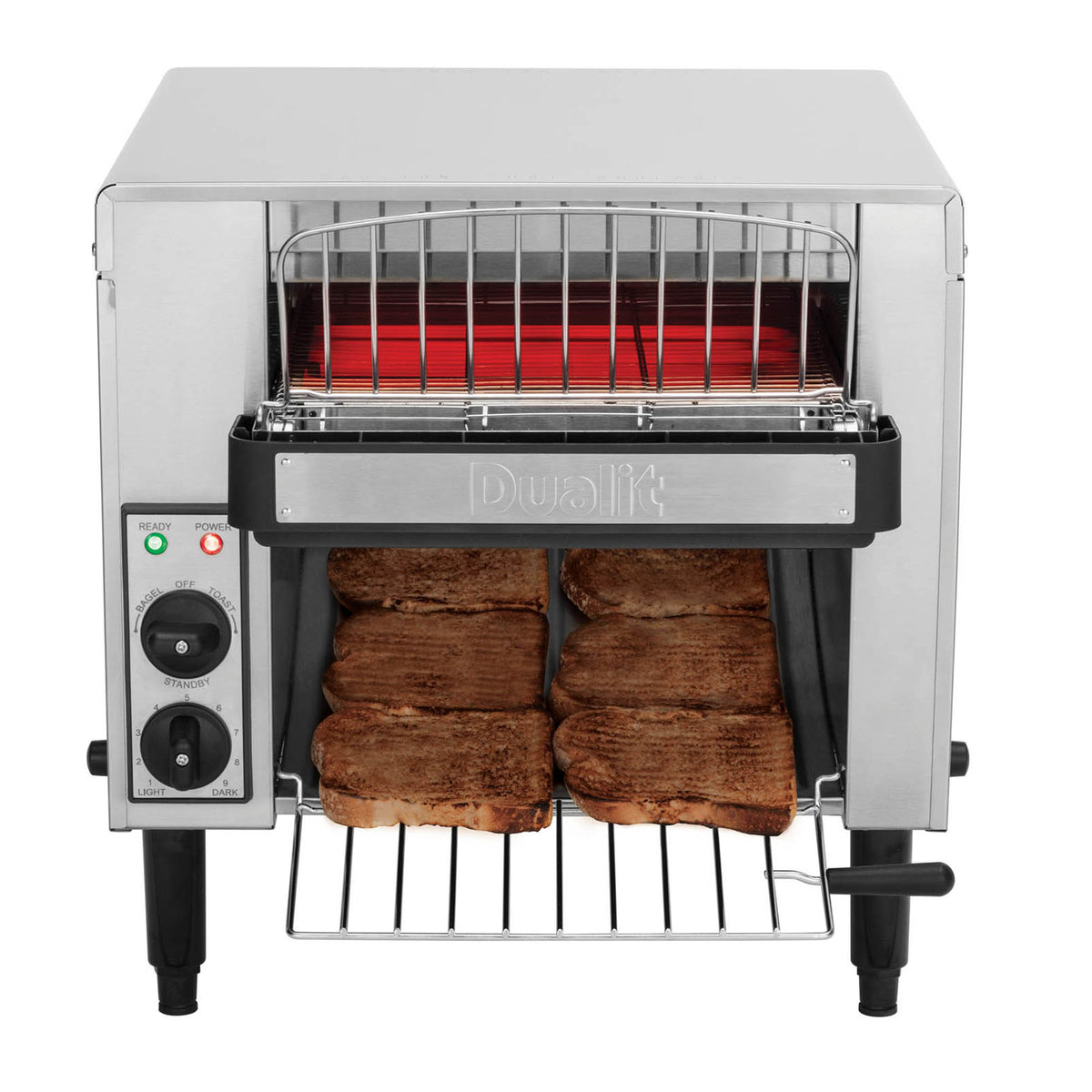 Dualit Gastro toaster in black with a sleek design, featuring a wide slot for toasting bread and other baked goods.