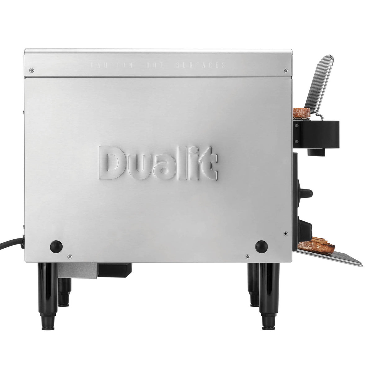 Dualit Gastro black toaster with two slots, modern design, and control dials for even toasting.