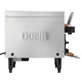 Dualit Gastro black toaster with two slots, modern design, and control dials for even toasting.