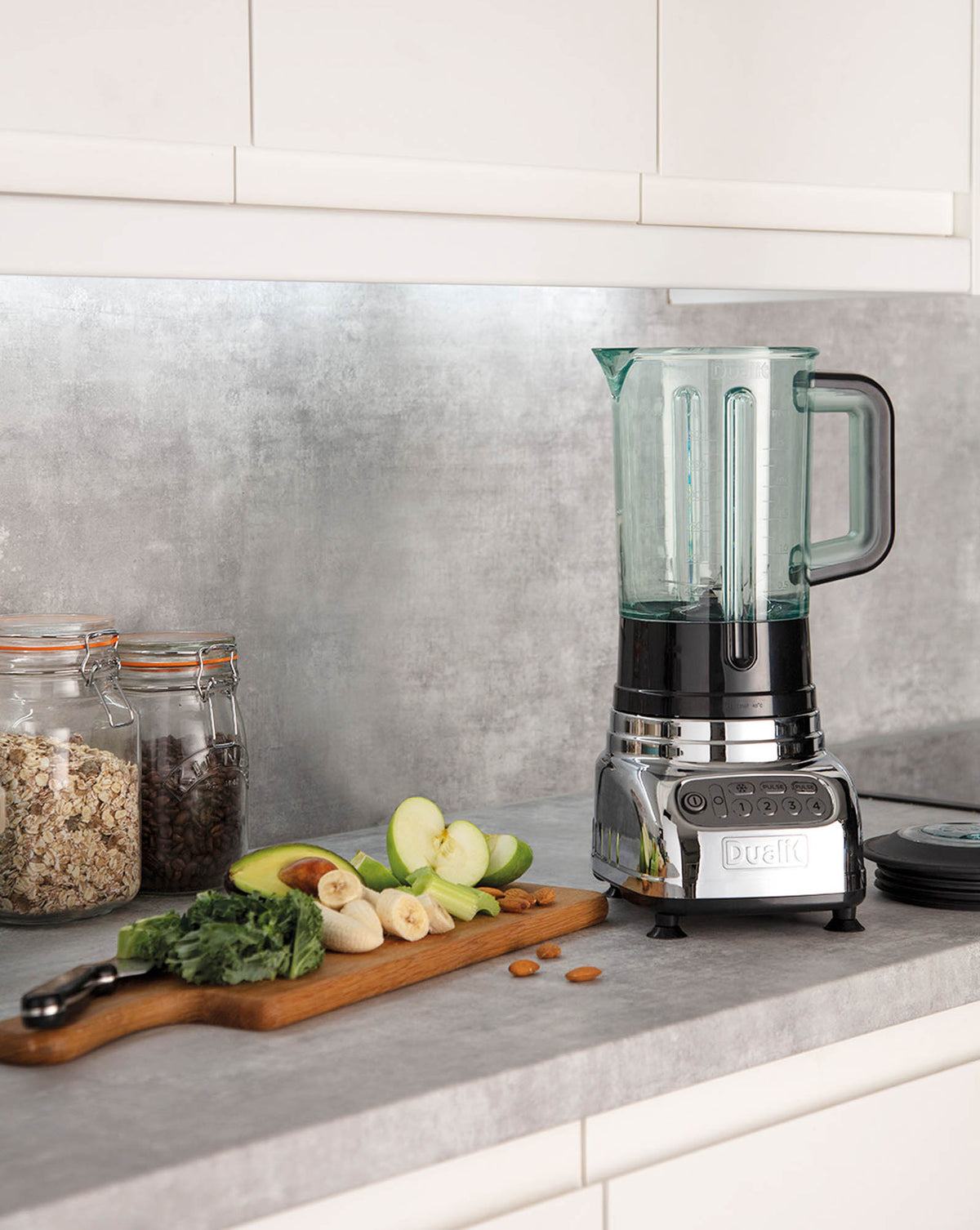 Polished DUALIT VORTECS stand mixer with stainless steel finish, featuring a large blending jar and control dial.