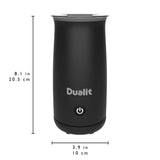 Dualit milk frother in black for milk and chocolate, compact electric milk foam maker with textured surface and control buttons.