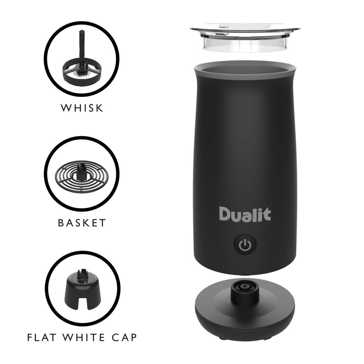 Dualit milk frother in black for making creamy milk and chocolate froth, perfect for coffee and hot chocolate.