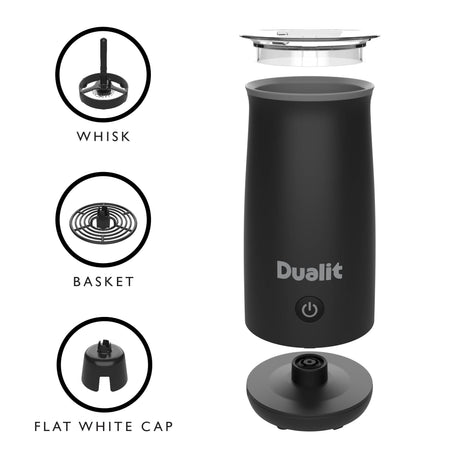 Dualit milk frother in black for making creamy milk and chocolate froth, perfect for coffee and hot chocolate.