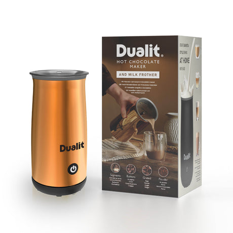 Dualit Milchaufschäumer in Kupfer for frothing milk and chocolate, with a sleek design and stainless steel finish.