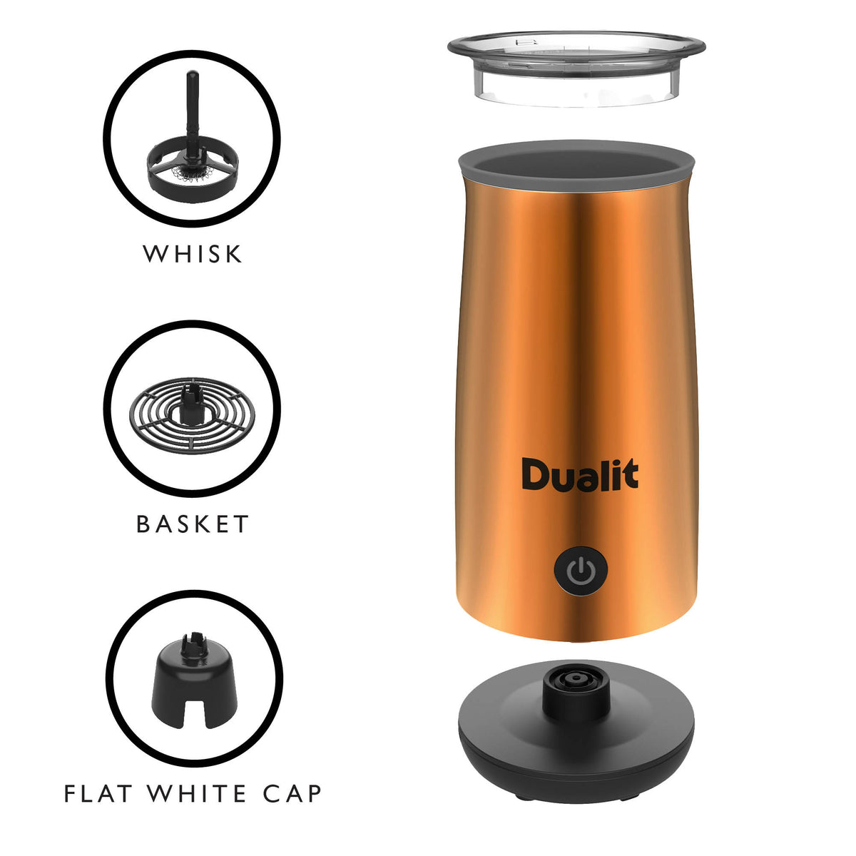 Dualit Milchaufschäumer in Kupfer for frothing milk and chocolate, compact handheld coffee accessory.