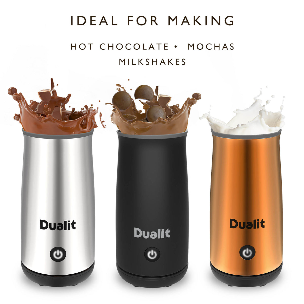 Dualit Milchaufschäumer in kupfer for frothing milk and chocolate, with sleek design and stainless steel finish.