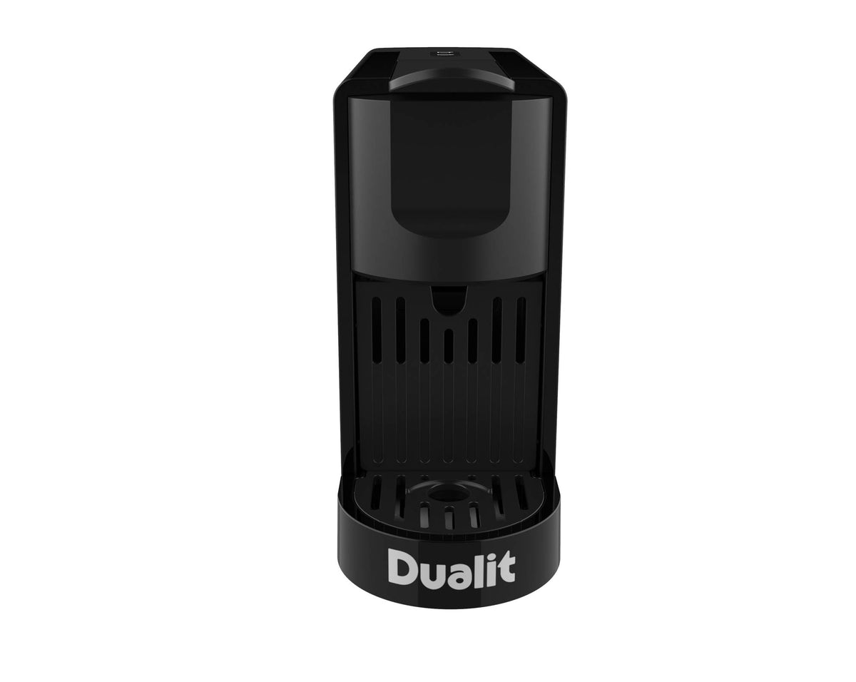 Dualit coffee capsule machine in black, 34 cm tall, compact kitchen appliance for brewing coffee with ease