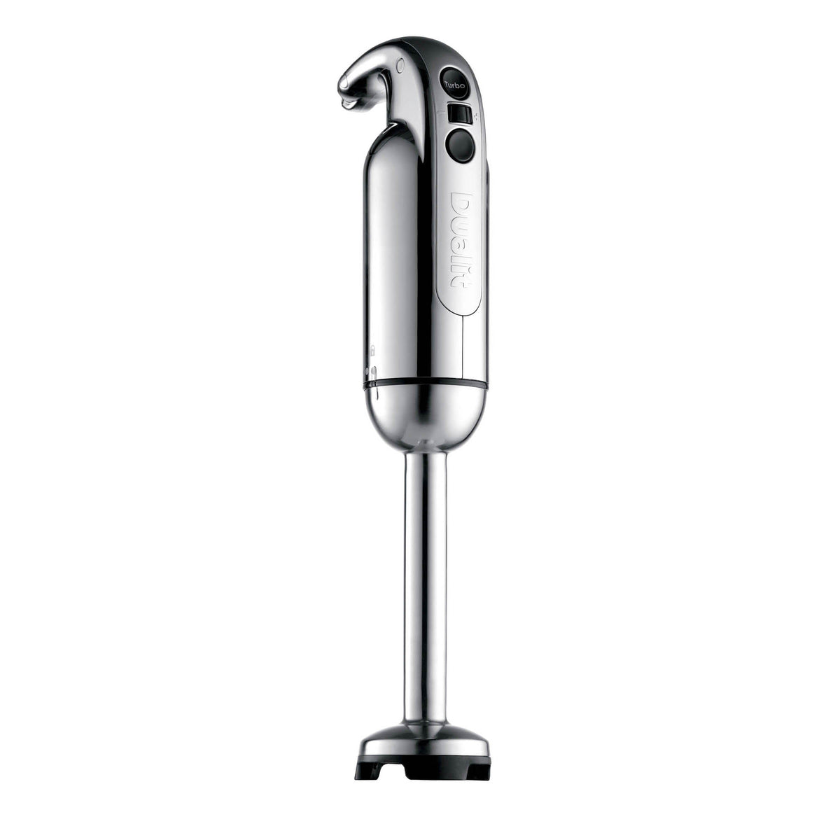 Dualit classic polished hand blender with stainless steel shaft and ergonomic handle, ideal for mixing and blending tasks.
