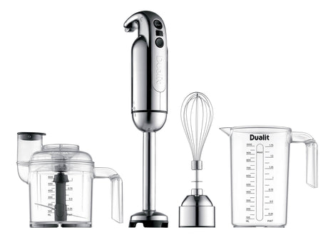 Dualit Classic polished hand blender with sleek stainless steel body, featuring a compact design for versatile kitchen blending.