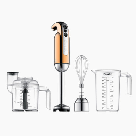 Dualit Classic copper hand blender with stainless steel blending wand and ergonomic handle, ready for kitchen mixing tasks.