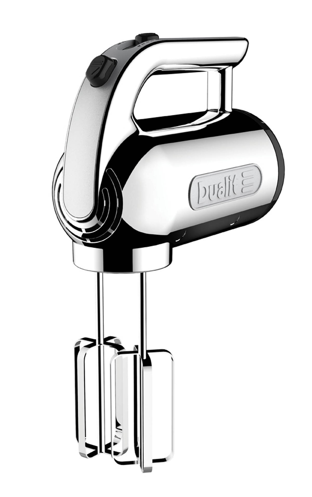 Dualit Classic polished hand blender with stainless steel shaft and ergonomic handle, designed for versatile blending.