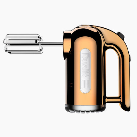 Dualit Classic copper handmixer with stainless steel beaters, ergonomic handle, and vintage-inspired design for efficient mixing.
