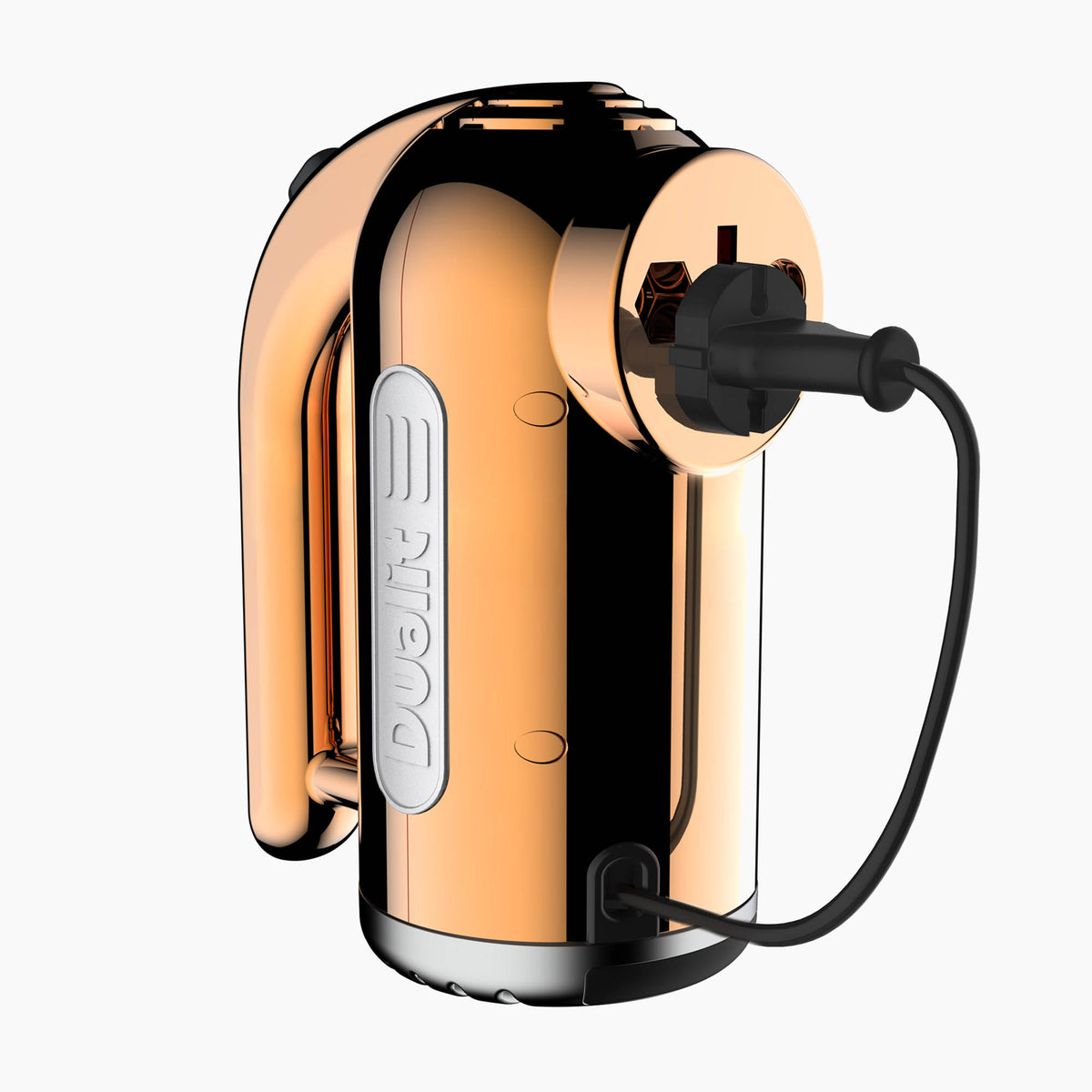 Dualit Classic copper handmixer with beaters, compact design, and ergonomic handle for easy mixing and baking tasks.