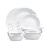 Corelle Winter Frost white dinnerware set, ceramic plates and bowls with a frosted winter pattern, elegant and durable for everyday use
