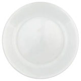 Corelle Winter Frost white dinnerware set showing a stack of elegant ceramic plates with a subtle frosted pattern.