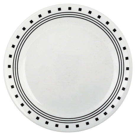 Corelle CITY BLOCK white dinnerware set featuring plates, bowls, and cups arranged on a table, modern and minimalist style.