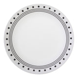 Corelle City Block white dinnerware set showing plates and bowls on a table, durable ceramic dinnerware by Corelle.