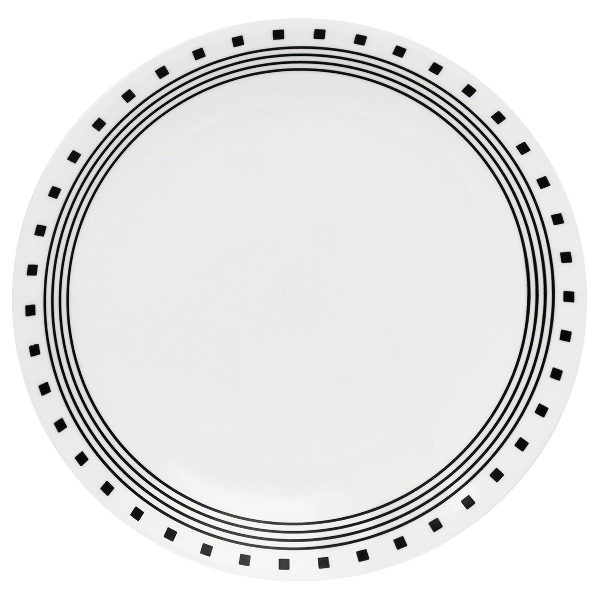 Corelle City Block white dinnerware set featuring plates, bowls, and mugs with a modern cityscape design.