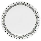 Corelle City Block white dinnerware set featuring plates, bowls, and mugs with a modern cityscape design.