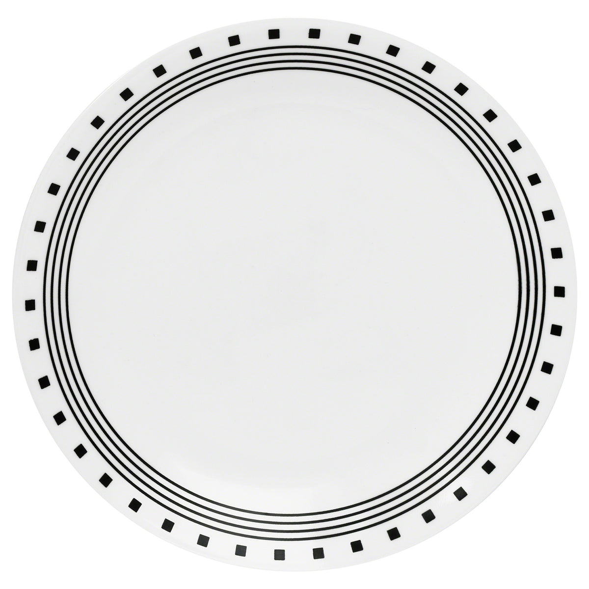 White CORELLE City Block dinnerware set with plates and bowls arranged on a table.