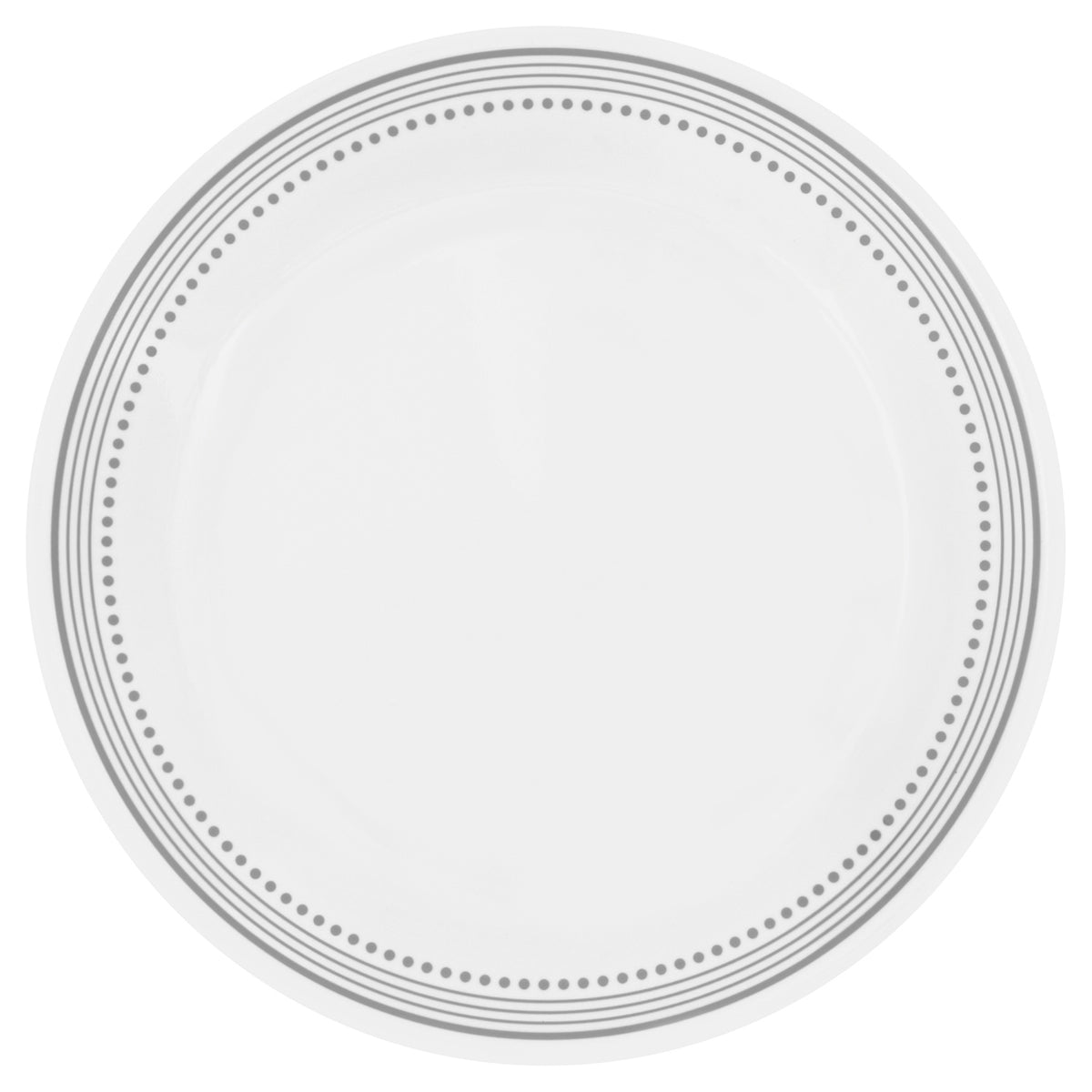 Corelle Mystic Grey dinnerware set featuring white plates with modern grey graphic designs, durable ceramic dinnerware.