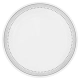 Corelle Mystic Grey dinnerware set featuring white plates with modern grey graphic designs, durable ceramic dinnerware.