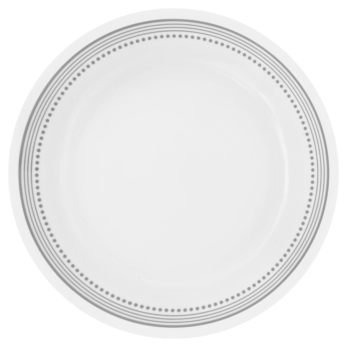 Corelle Mystic Grey dinnerware set featuring white plates with modern grey graphic design on ceramic dishes.